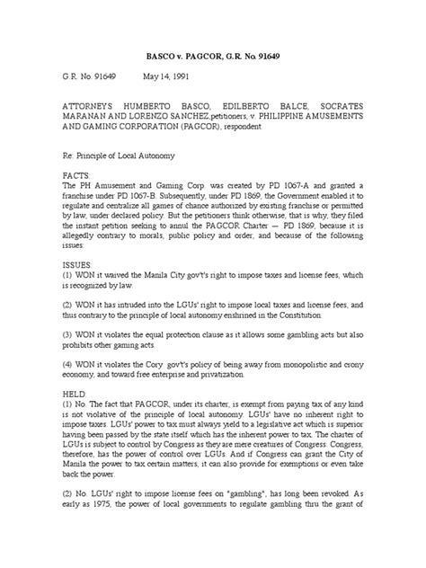 Amor Legis: Basco vs. PAGCOR (G.R. No. 91649) .